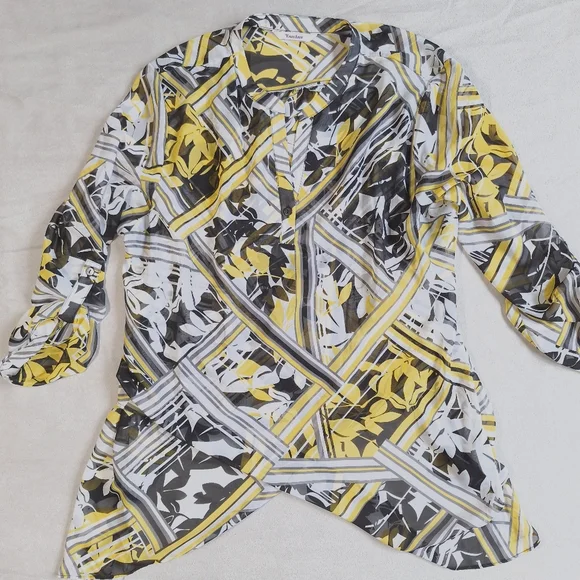 Tanjay Yellow Black Semi Sheer Blouse, Large - Picture 2 of 10